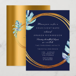 Invitation Cadre doré Bleu Nuit Monogramme Tropical Mariage