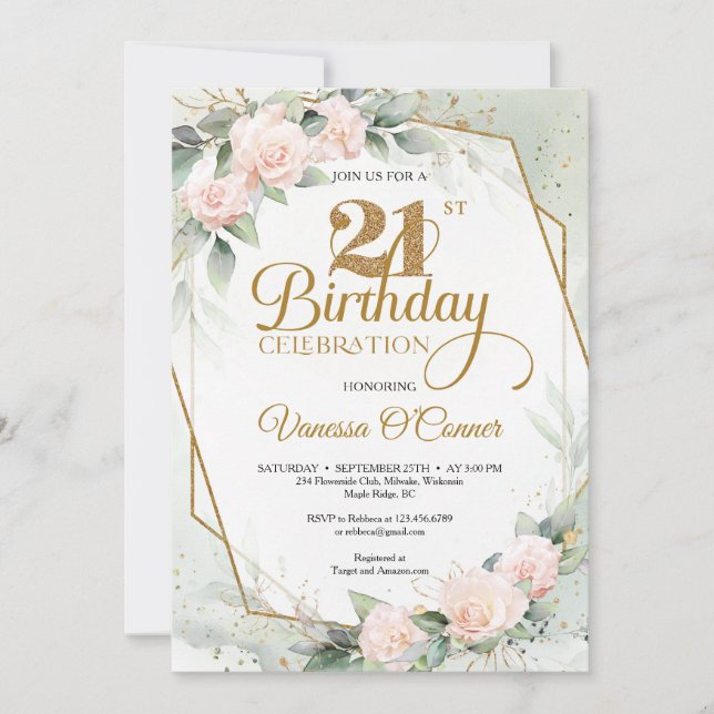 Invitation Cadre doré bleu rose fleuri eucalyptus vert (Devant)