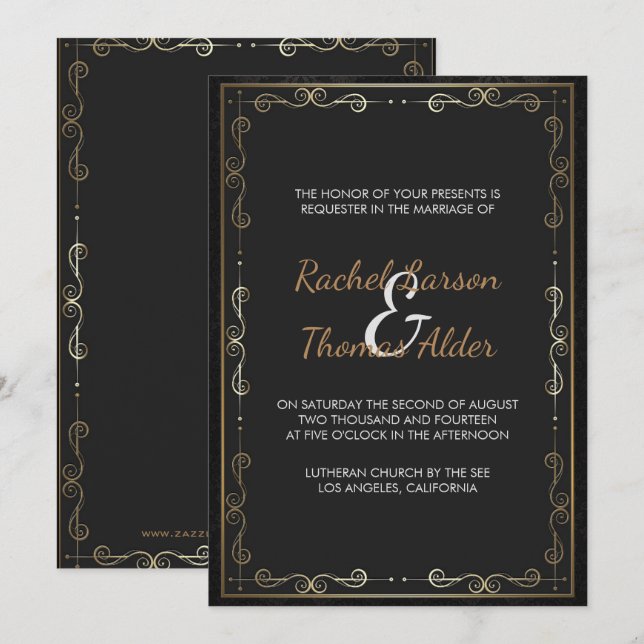 Invitation Cadre doré et volutes de mariage (Devant / Derrière)