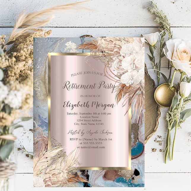 Invitation Cadre doré fleur boho, rose gold, retraite marbre (Créateur téléchargé)
