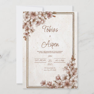 Invitation Cadre Doré Fleur de Cerisier Rose Vintage Mariage