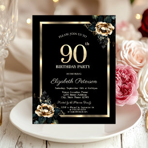 Invitation Cadre Doré Fleur Élégante Noir 90ème Anniversaire