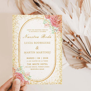 Invitation Cadre doré floral élégant Paillettes Notre Mariage