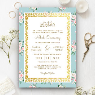 Invitation Cadre doré floral rose bleu Mariage musulman