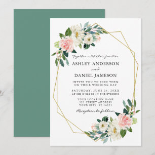 Invitation Cadre doré floral rose blush aquarelle