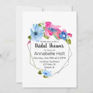 Invitation Cadre doré floral rose chaux bleu clair aquarelle