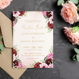 Invitation Cadre doré floral rouge Nuestra Boda