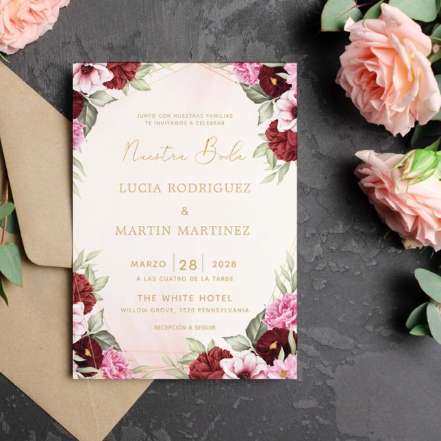 Invitation Cadre doré floral rouge Nuestra Boda (Créateur téléchargé)