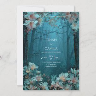 Invitation Cadre doré floral sarcelle crépusculaire éthéré de