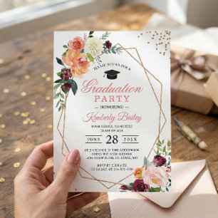 Invitation Cadre doré géométrique moderne chic floral diplômé