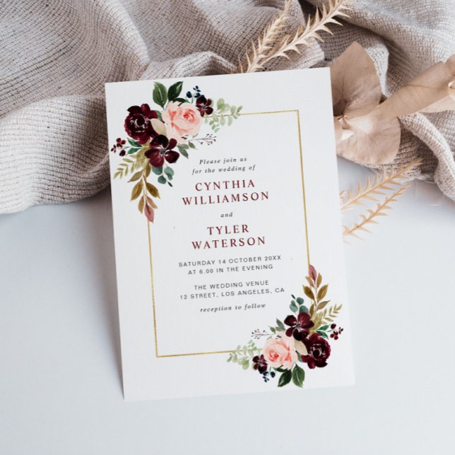 Invitation cadre doré mariage floral bordeaux (Créateur téléchargé)