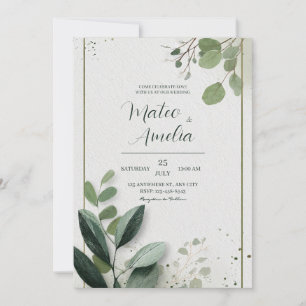 Invitation Cadre doré minimaliste de verdure d'eucalyptus pou