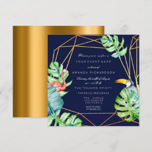 Invitation Cadre doré Monstera Flamingo Tropical Mariage Nava