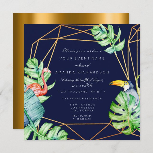 Invitation Cadre doré Monstera Flamingo Tropical Mariage Navy (Devant / Derrière)