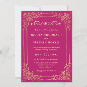 Invitation Cadre doré ornement élégant sur mariage rose