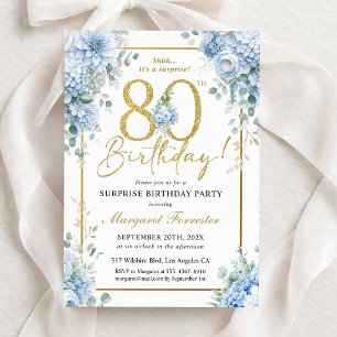 Invitation Cadre doré pour 80e anniversaire Fleurs Bleu Pouss