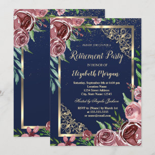 Invitation Cadre doré Roses bordeaux Retraite Bleu marine