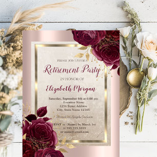 Invitation Cadre doré, Roses bordeaux Rose Gold Retraite