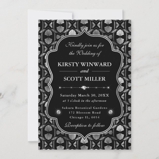 Invitation Cadre Élégant Argent Art Déco Mariage (Devant)