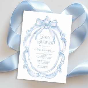 Invitation Cadre élégant + Baby shower Bleu Bow