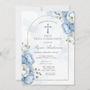 Invitation Cadre élégant bleu floral première sainte communio