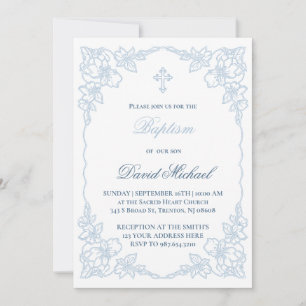Invitation cadre élégant bleu pastel Baptême