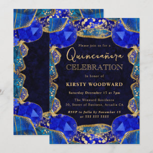 Invitation Cadre élégant cristal bleu or Quinceanera