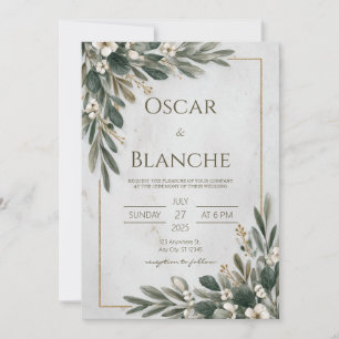 Invitation Cadre élégant en or avec verdure olive et marbre p