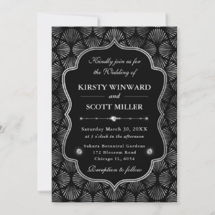 Invitation Cadre Élégant Éventail Argent Art Déco Mariage
