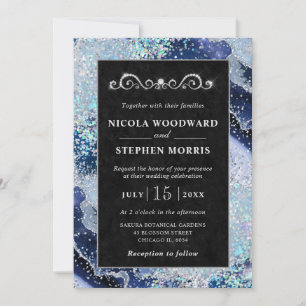 Invitation Cadre Élégant Mariage Agate Bleu et Argent