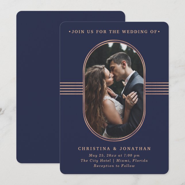 Invitation Cadre élégant | Marine et Rose Mariage photo Gold (Devant / Derrière)