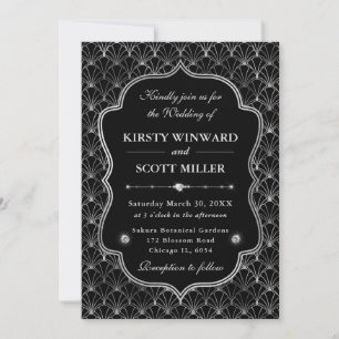 Invitation Cadre élégant motif éventail argent Art déco maria