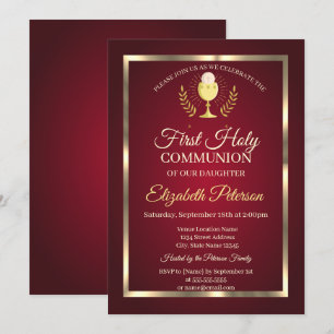 Invitation Cadre élégant rouge or Première Sainte Communion