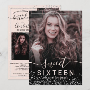 Invitation Cadre en feuille argent confetti rose 5 photos dou