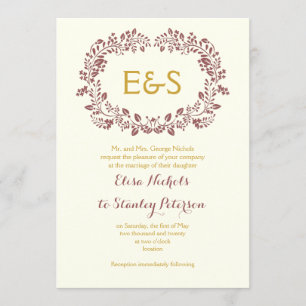 Invitation Cadre en feuille de Marsala avec initiales mariage