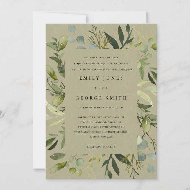 INVITATION CADRE EN JAUNE DE KRAFT MARIAGE EN FOLIAGE VERT EN (Devant)