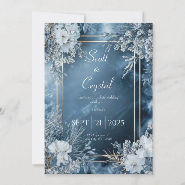 Invitation Cadre en or bleu de minuit Fleurs hivernales givre (Devant)