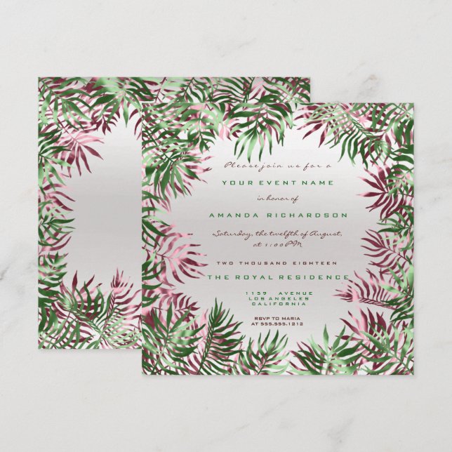 Invitation Cadre feuille de palmier vert tropical argent burg (Devant / Derrière)