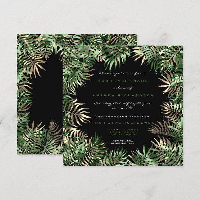 Invitation Cadre feuille de palmier vert tropical noir sépia  (Devant / Derrière)