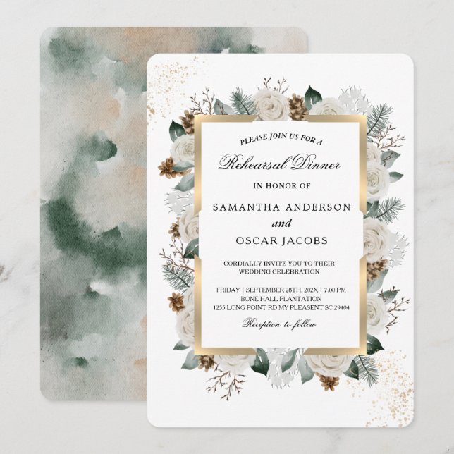 Invitation Cadre Fleurs Blanches & Pin Aquarelle d'Hiver (Devant / Derrière)