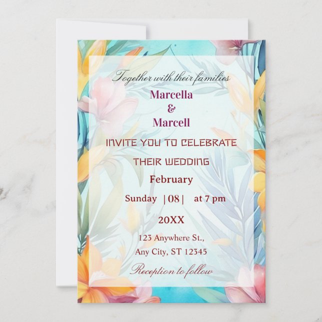 Invitation Cadre floral aquarelle sarcelle doux (Devant)