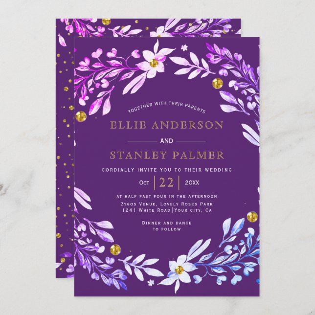 Invitation Cadre floral avec mariage violet confetti or (Devant / Derrière)