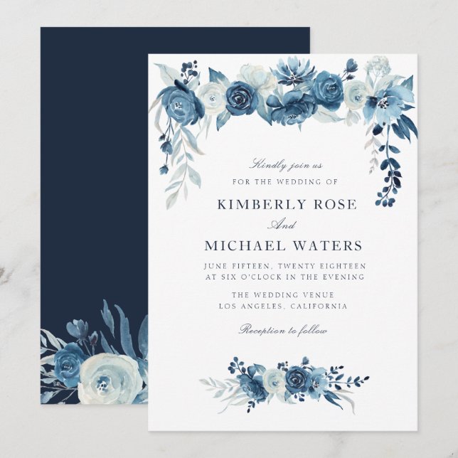 Invitation cadre floral bleu clair lune mariage (Devant / Derrière)
