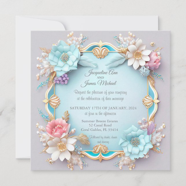 Invitation Cadre Floral Bleu Et Or Exquis (Devant)