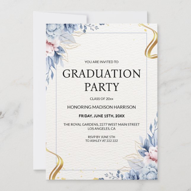 Invitation Cadre floral bleu et rose (Devant)