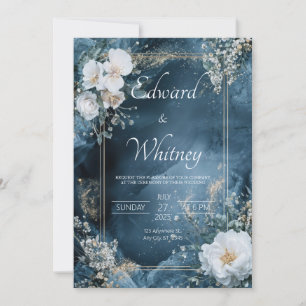 Invitation Cadre Floral Bleu Minuit Doré Mariage Céleste