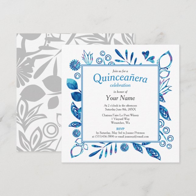 Invitation Cadre Floral bleu Quinceañera Carré (Devant / Derrière)