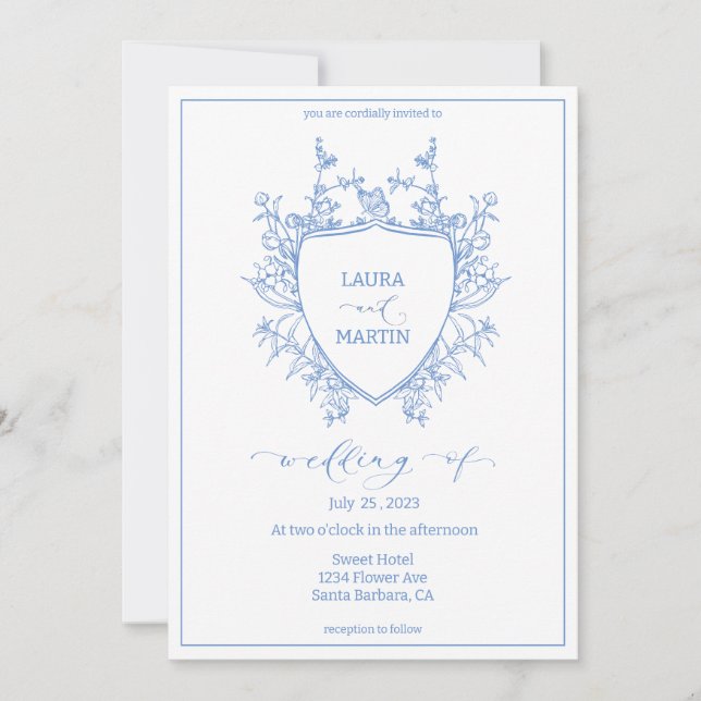 Invitation Cadre floral bleu, scénario de calligraphie (Devant)