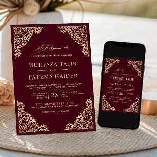 Invitation Cadre floral Bourgogne Or islamique Mariage musulm