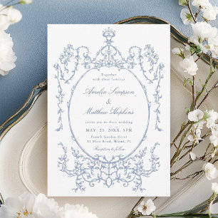 Invitation Cadre Floral Classique Mariage Bleu Poussiéreux